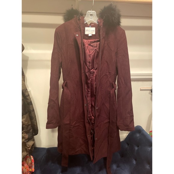 Cole Haan Jackets & Blazers - Cole Haan Signature Womens Burgundy Wool Blend Faux Fur Hooded Coat Size 12